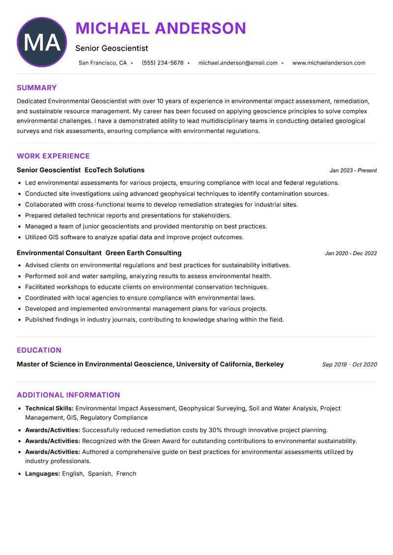 Environmental Geoscientist Resume Preview Example