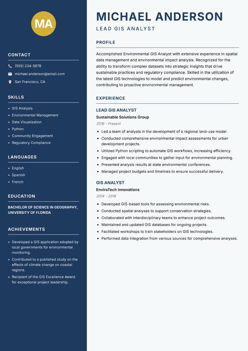 Environmental GIS Analyst Resume Preview Example