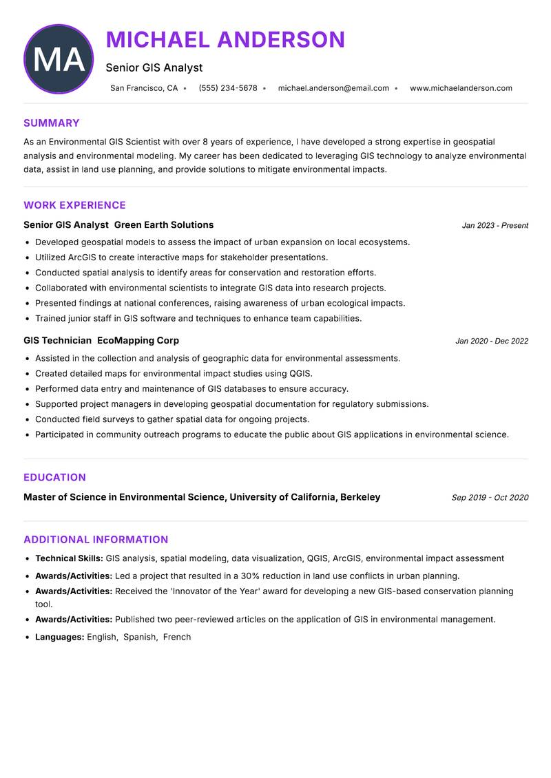Environmental GIS Scientist Resume Preview Example