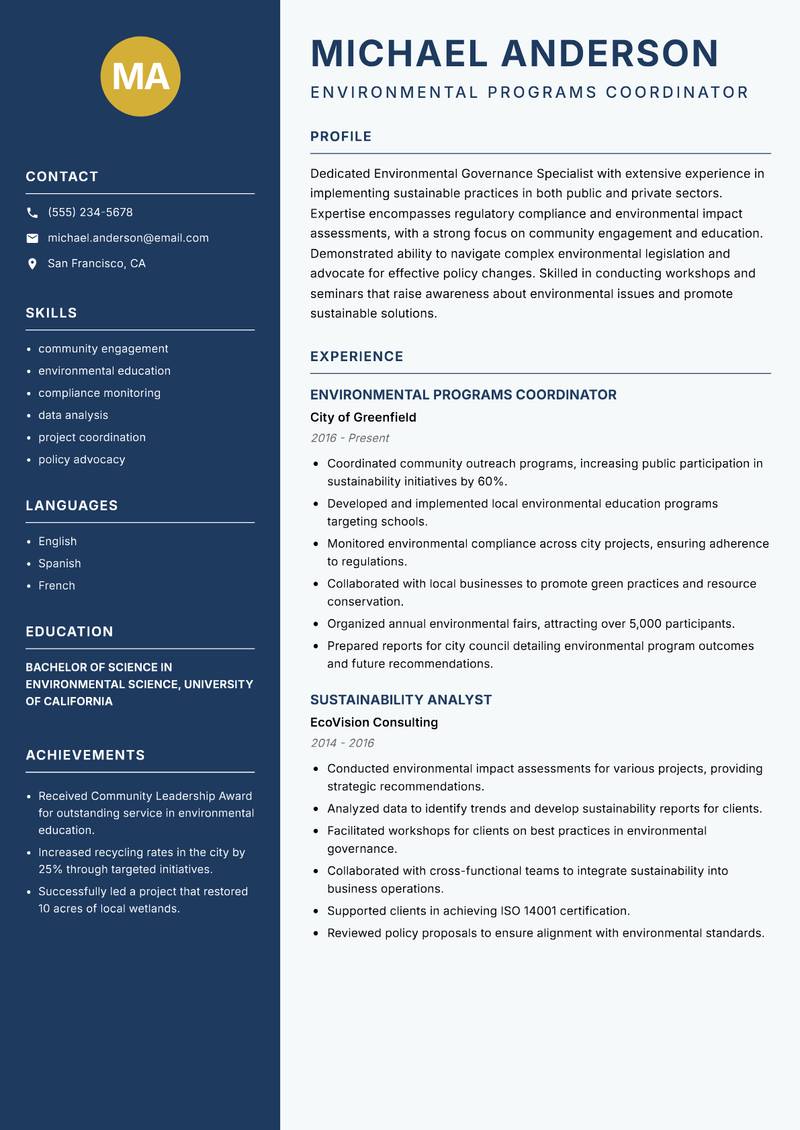Environmental Governance Specialist Resume Preview Example