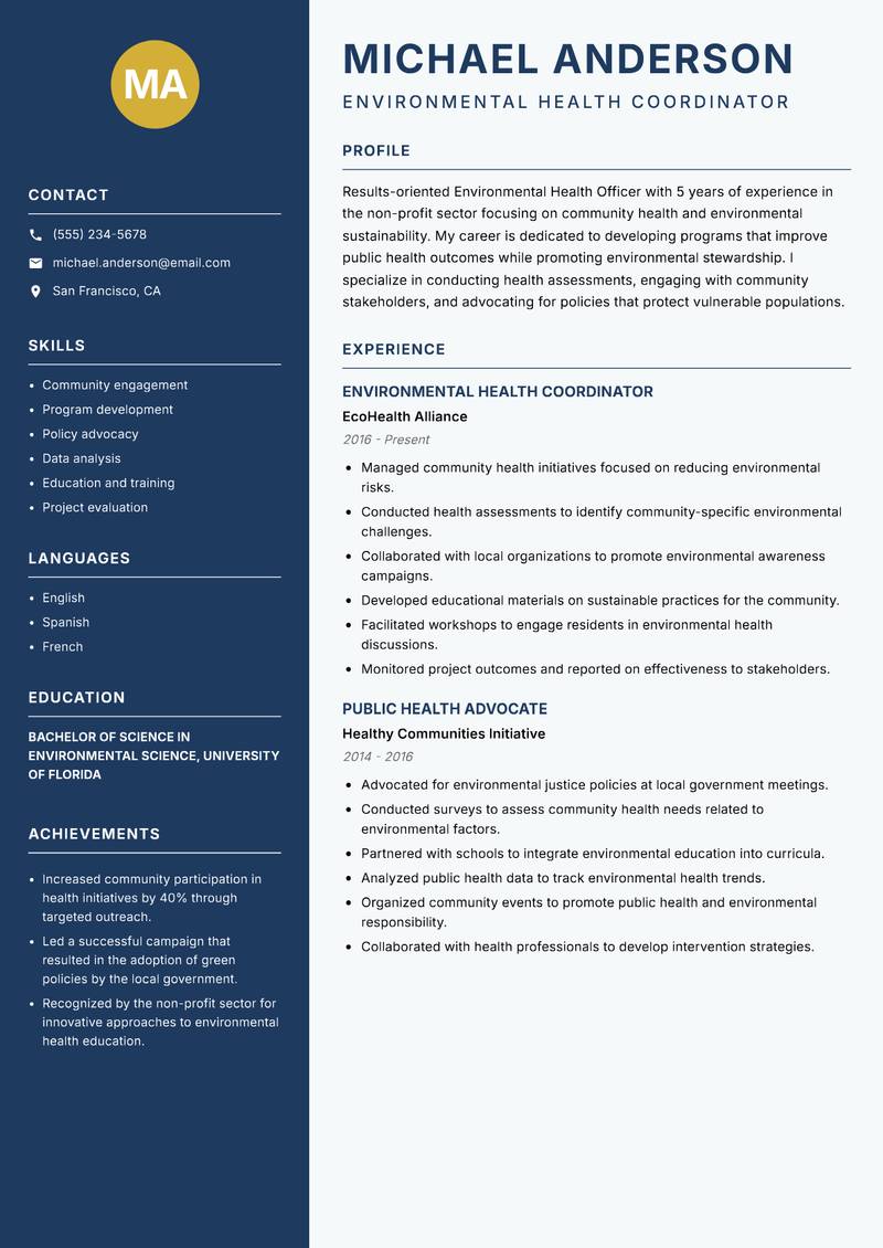 Environmental Health Officer Resume Preview Example