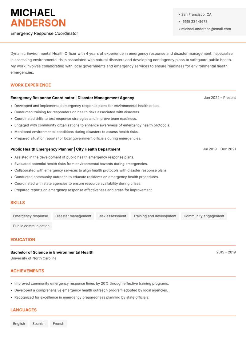 Environmental Health Officer Resume Template