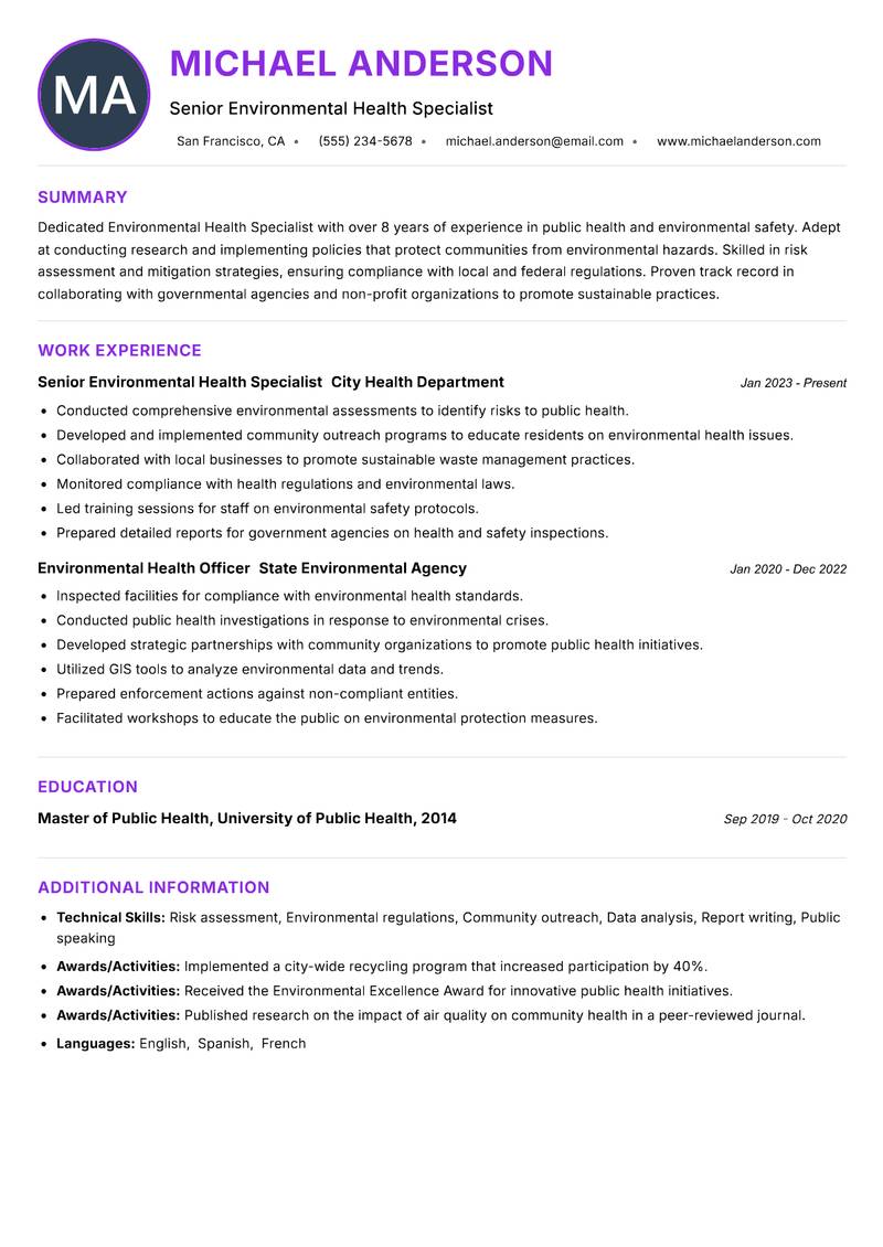 Environmental Health Specialist Resume Preview Example