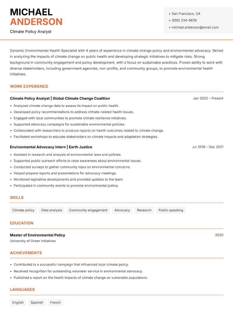 Environmental Health Specialist Resume Template