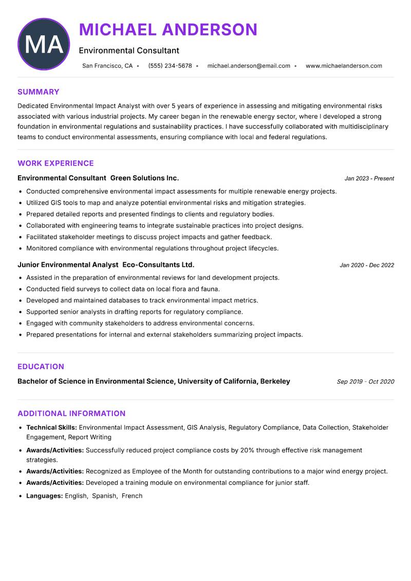 Environmental Impact Analyst Resume Preview Example