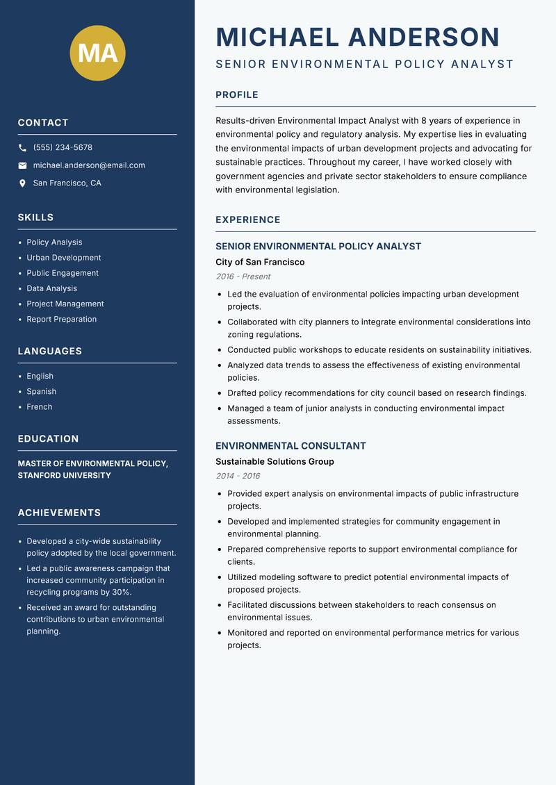 Environmental Impact Analyst Resume Preview Example