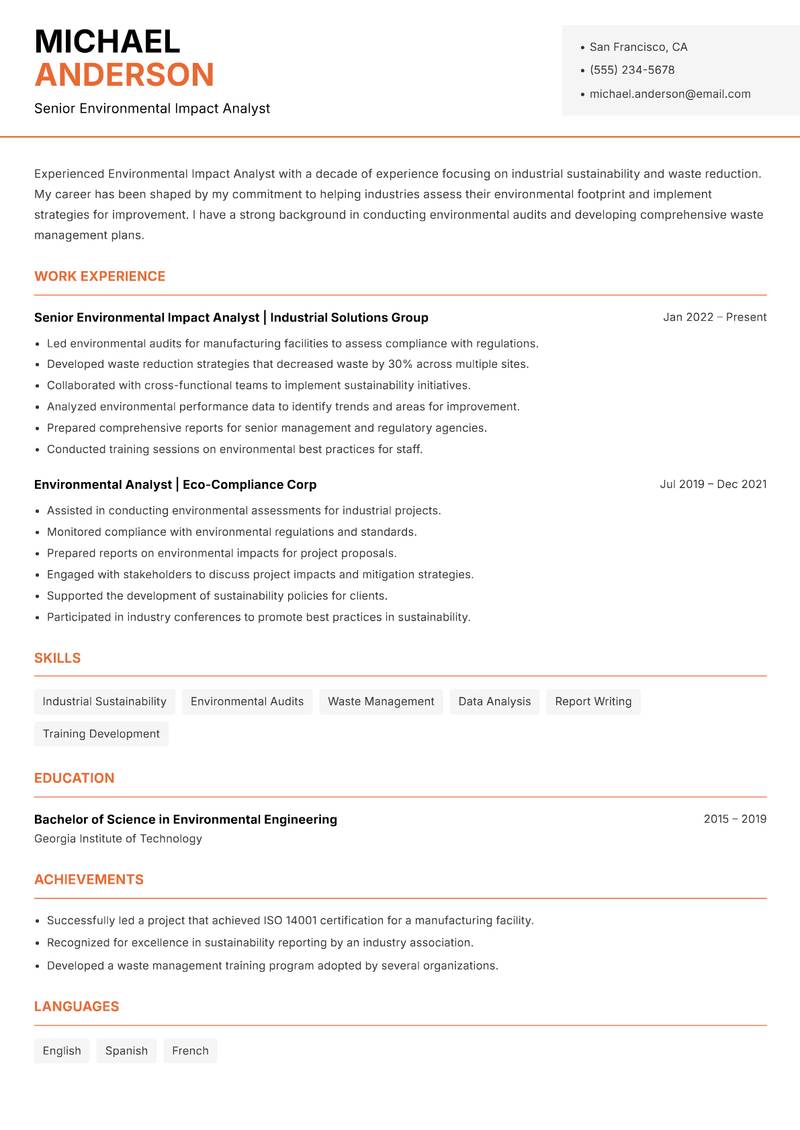 Environmental Impact Analyst Resume Template