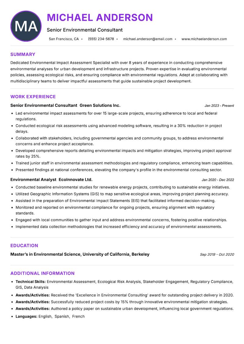 Environmental Impact Assessment Specialist Resume Preview Example
