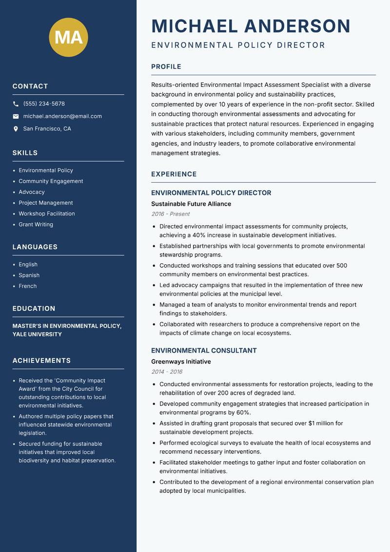 Environmental Impact Assessment Specialist Resume Preview Example