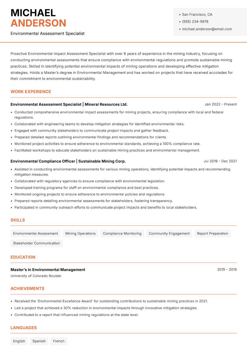 Environmental Impact Assessment Specialist Resume Template