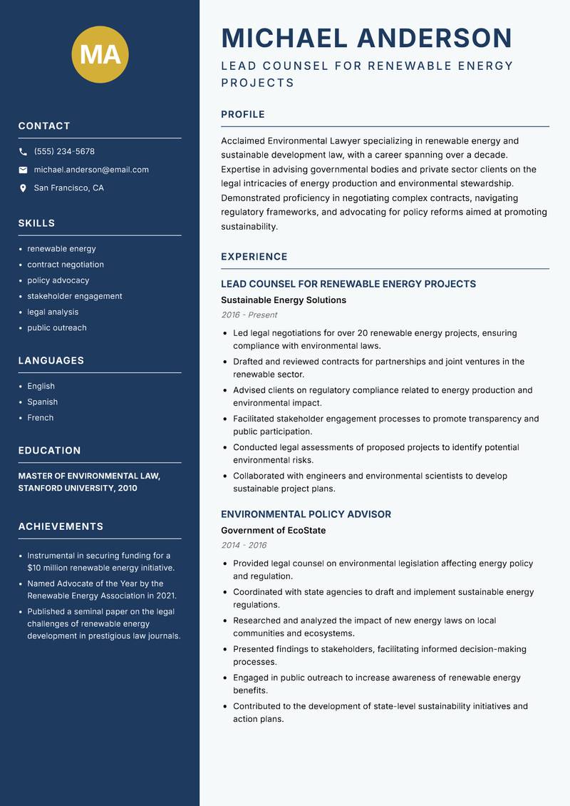 Environmental Lawyer Resume Preview Example