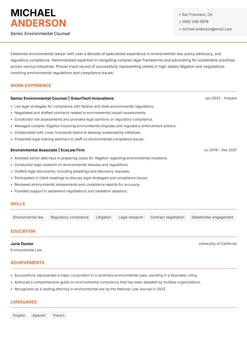 Environmental Lawyer Resume Template