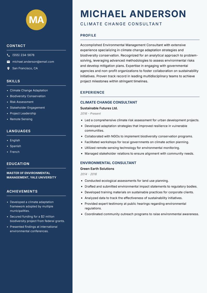 Environmental Management Consultant Resume Preview Example
