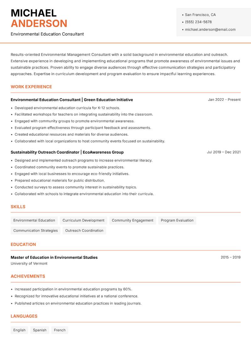 Environmental Management Consultant Resume Template
