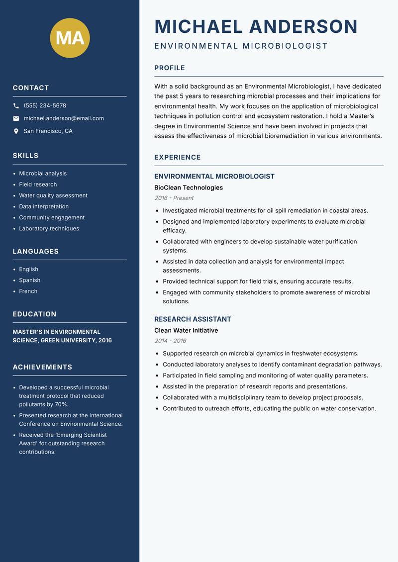 Environmental Microbiologist Resume Preview Example