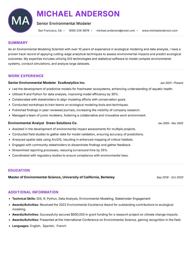 Environmental Modeling Scientist Resume Preview Example
