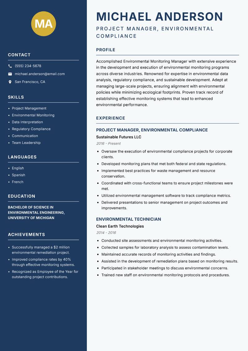 Environmental Monitoring Manager Resume Preview Example