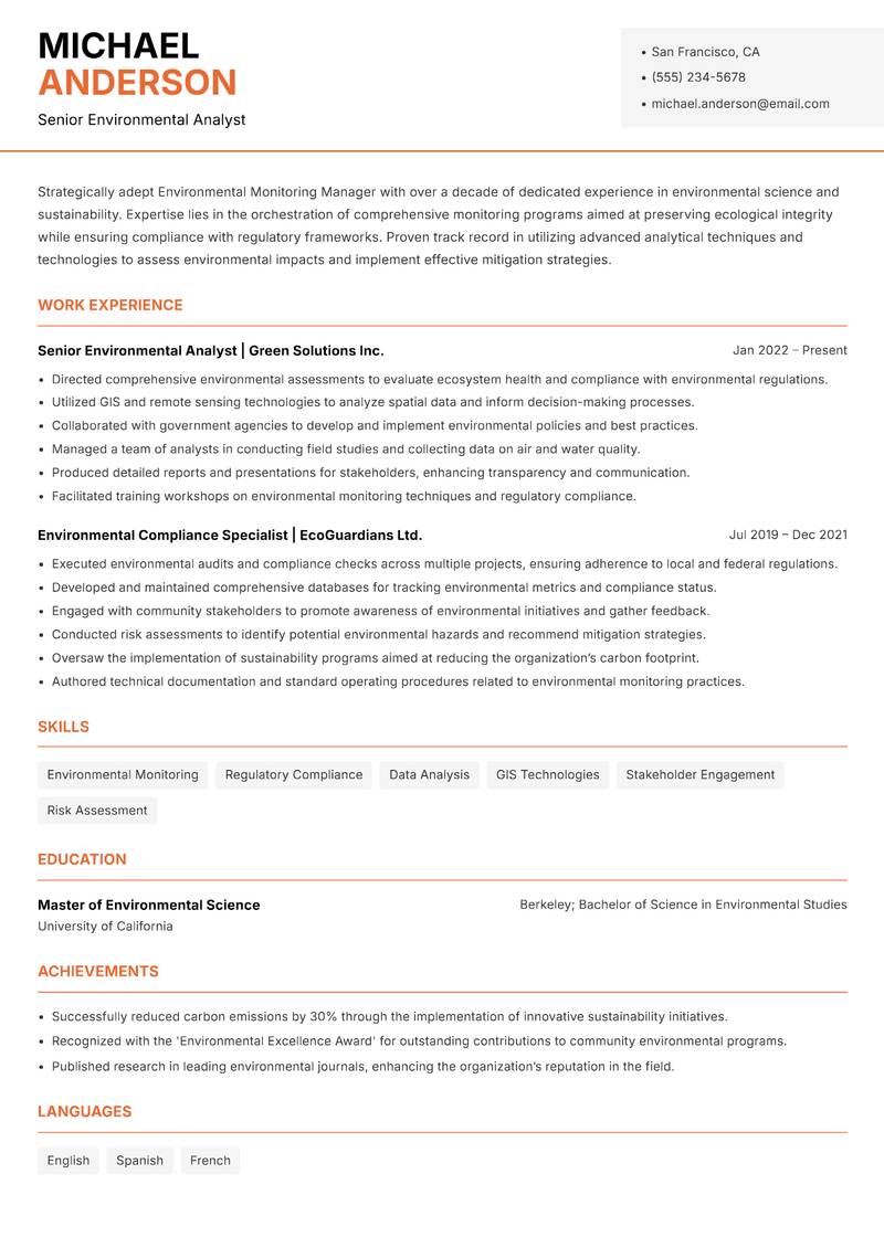Environmental Monitoring Manager Resume Template