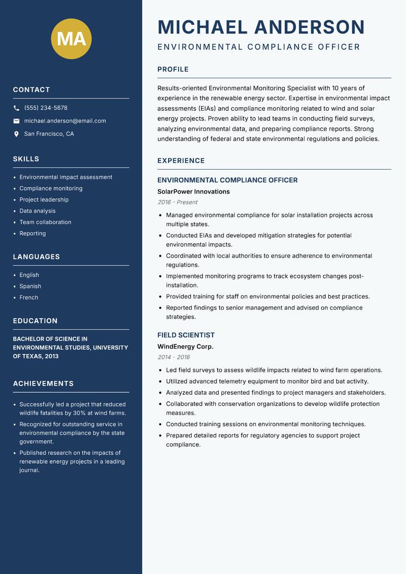 Environmental Monitoring Specialist Resume Preview Example