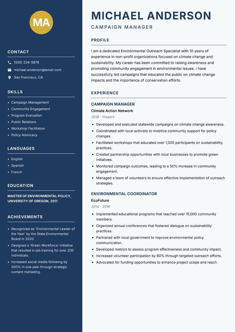 Environmental Outreach Specialist Resume Preview Example