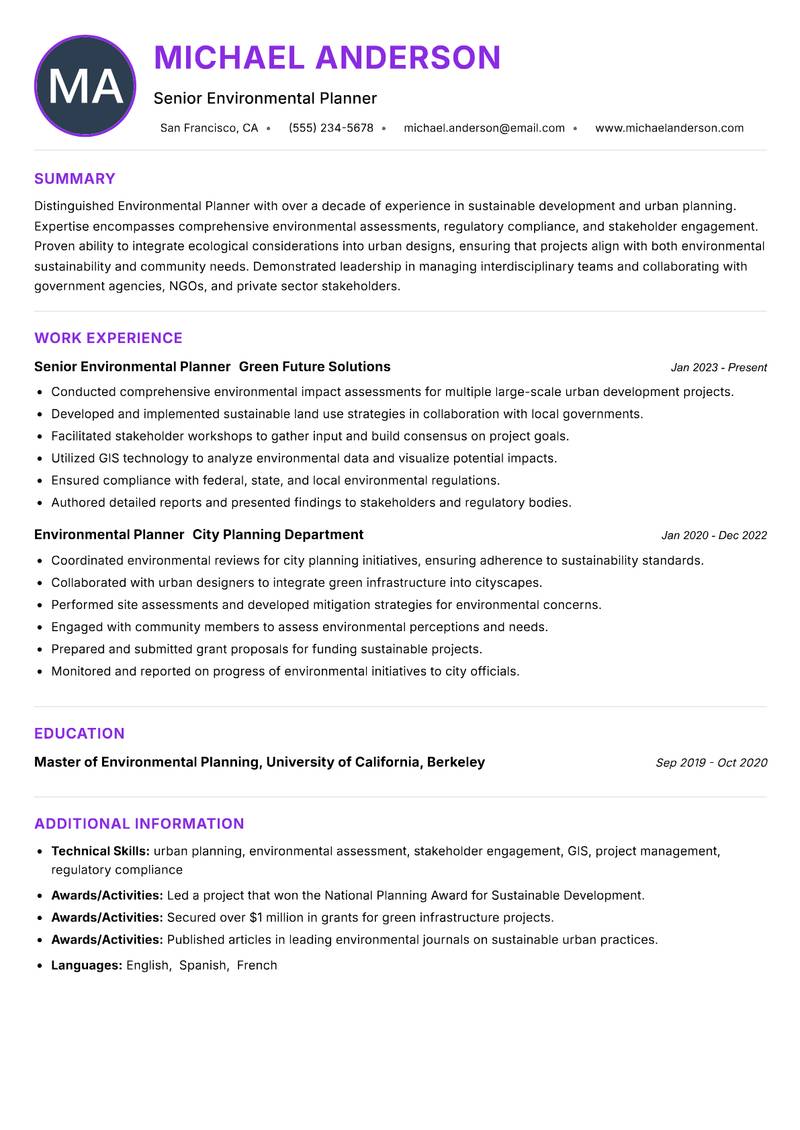 Environmental Planner Resume Preview Example