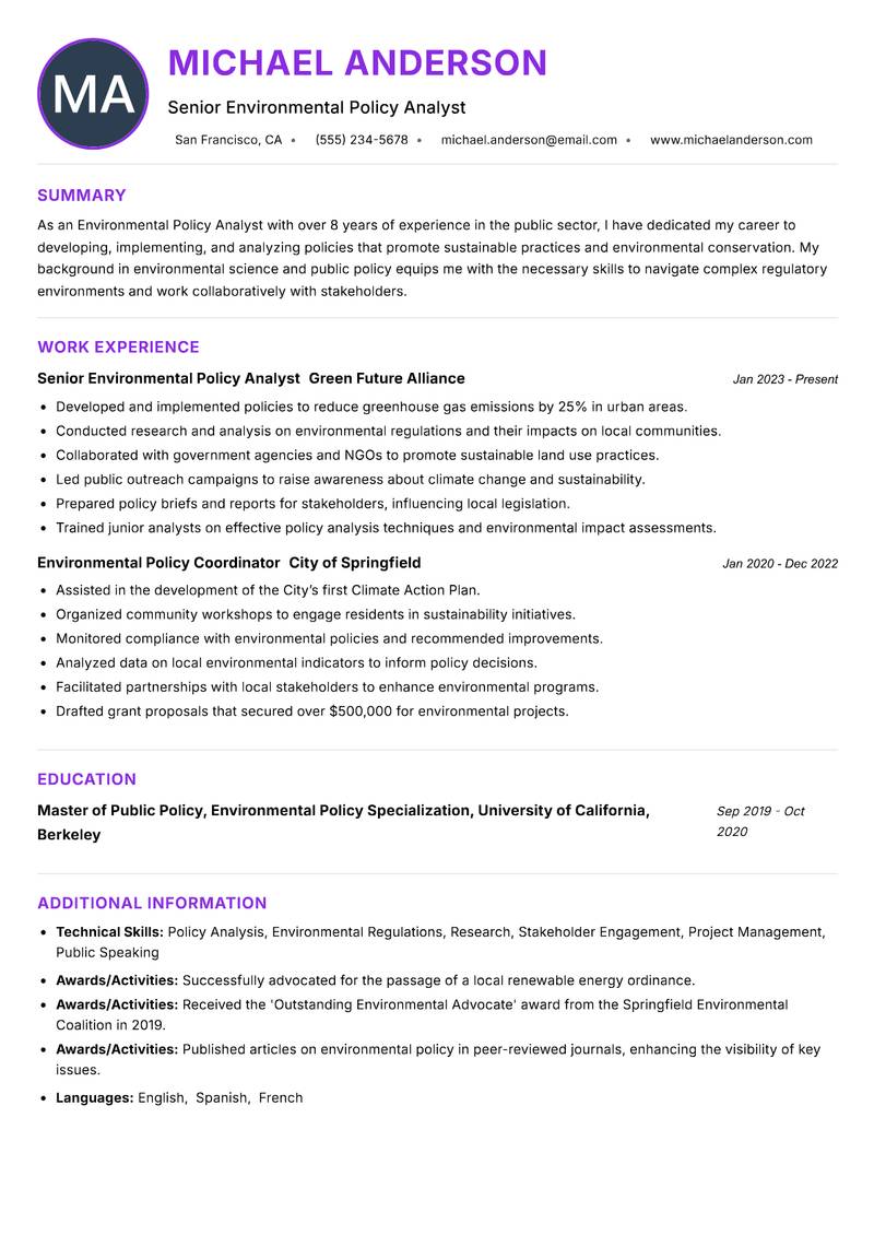 Environmental Policy Analyst Resume Preview Example