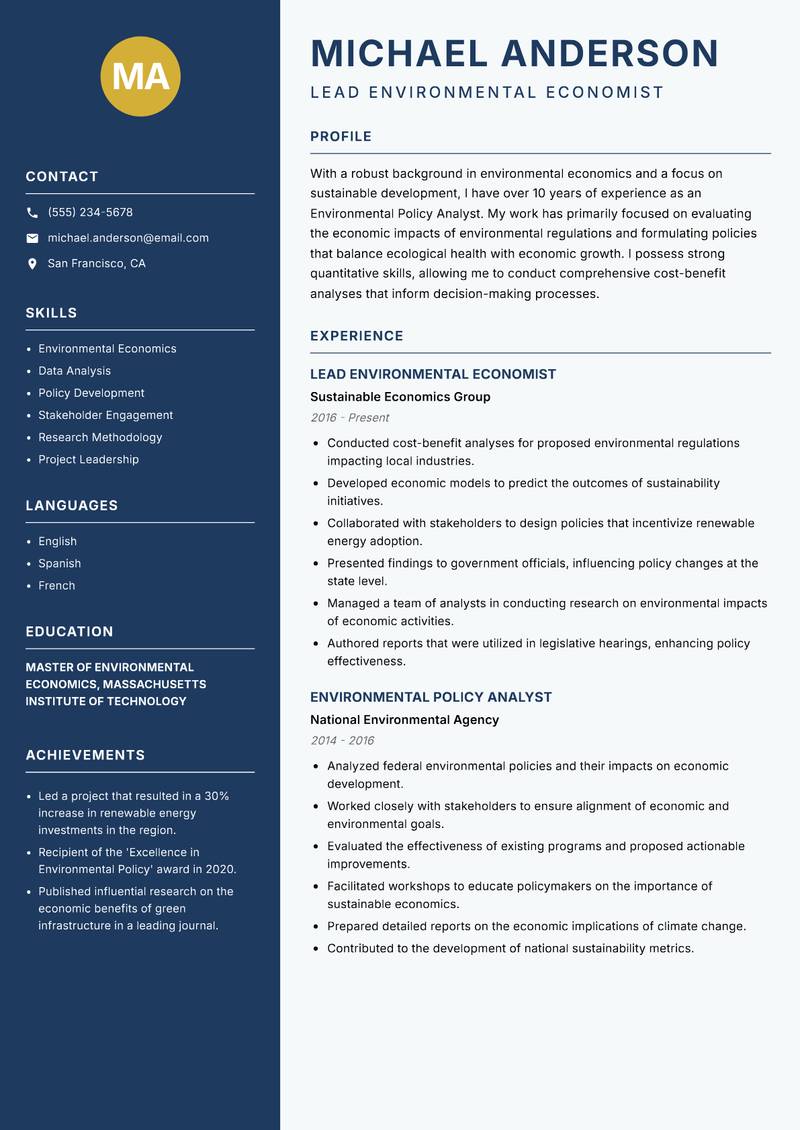 Environmental Policy Analyst Resume Preview Example