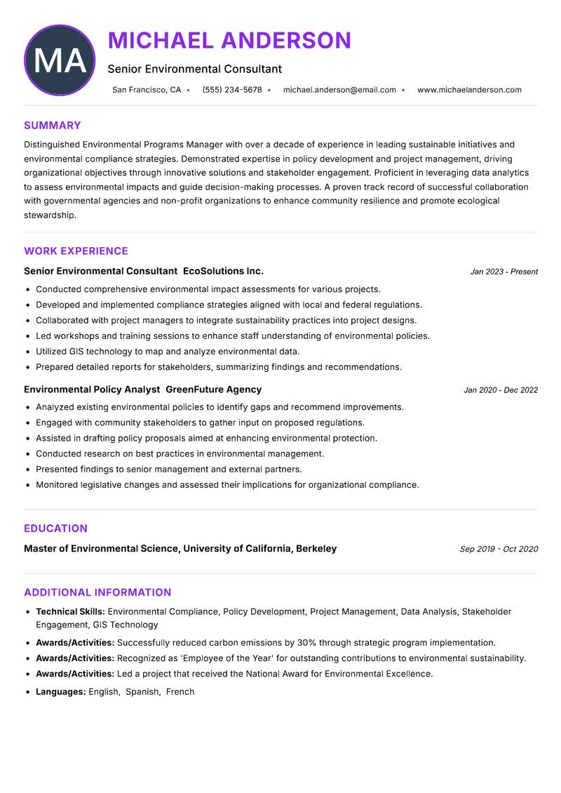 Environmental Programs Manager Resume Preview Example