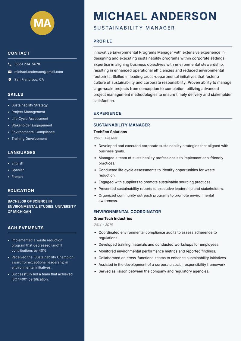 Environmental Programs Manager Resume Preview Example