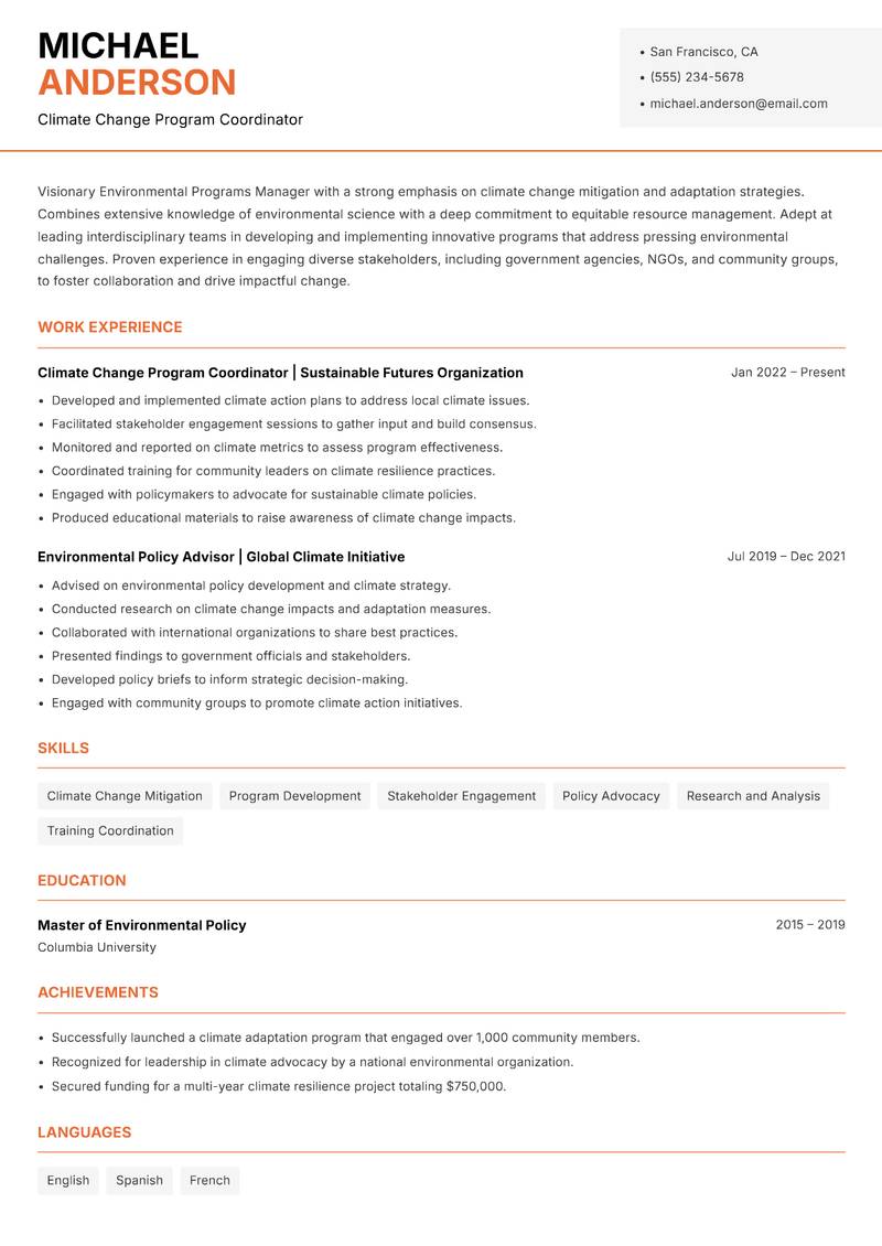 Environmental Programs Manager Resume Template