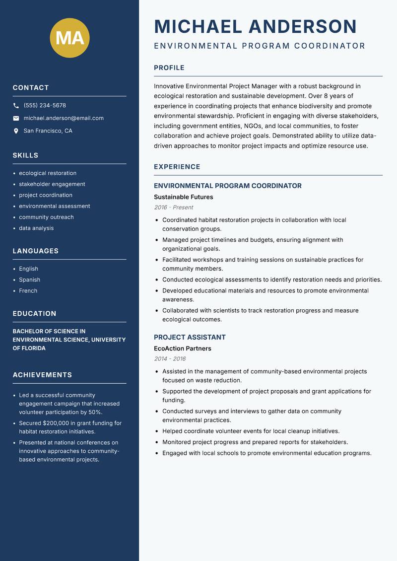 Environmental Project Manager Resume Preview Example