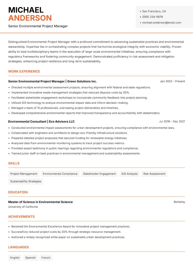 Environmental Project Manager Resume Template