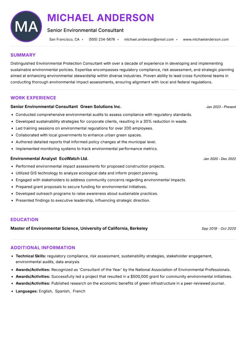 Environmental Protection Consultant Resume Preview Example