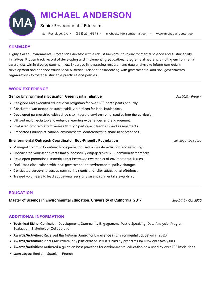 Environmental Protection Educator Resume Preview Example