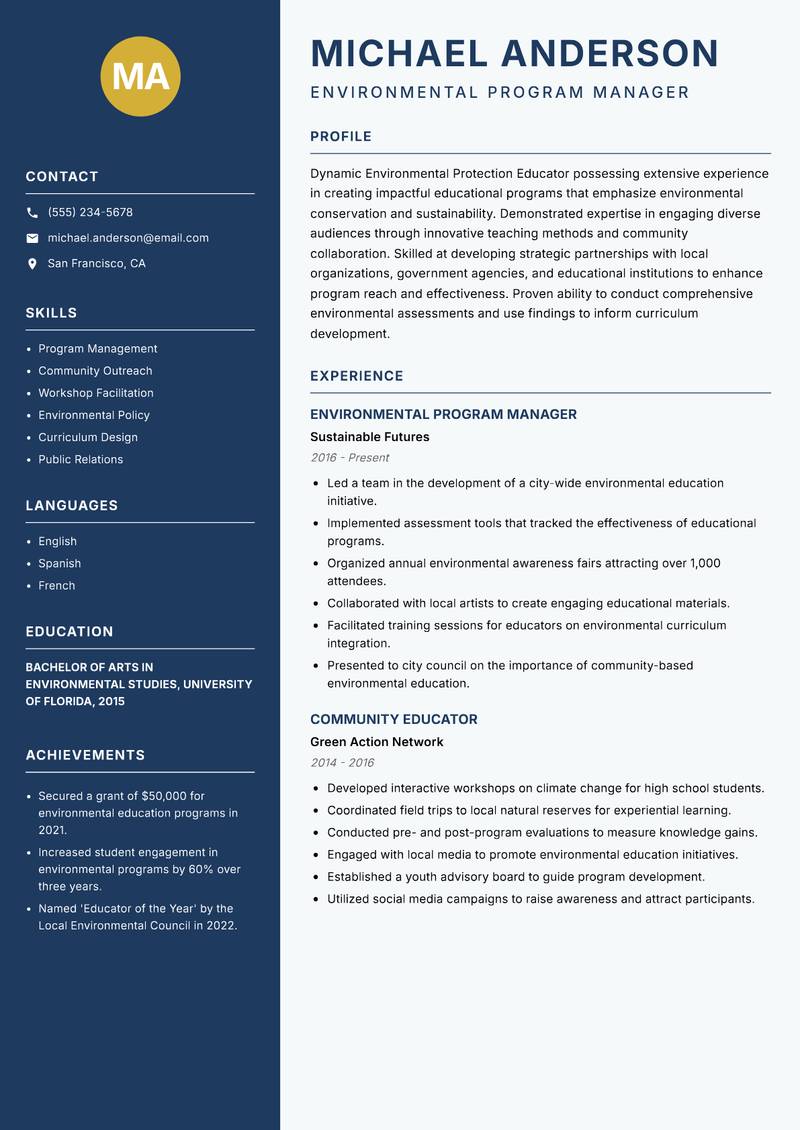 Environmental Protection Educator Resume Preview Example