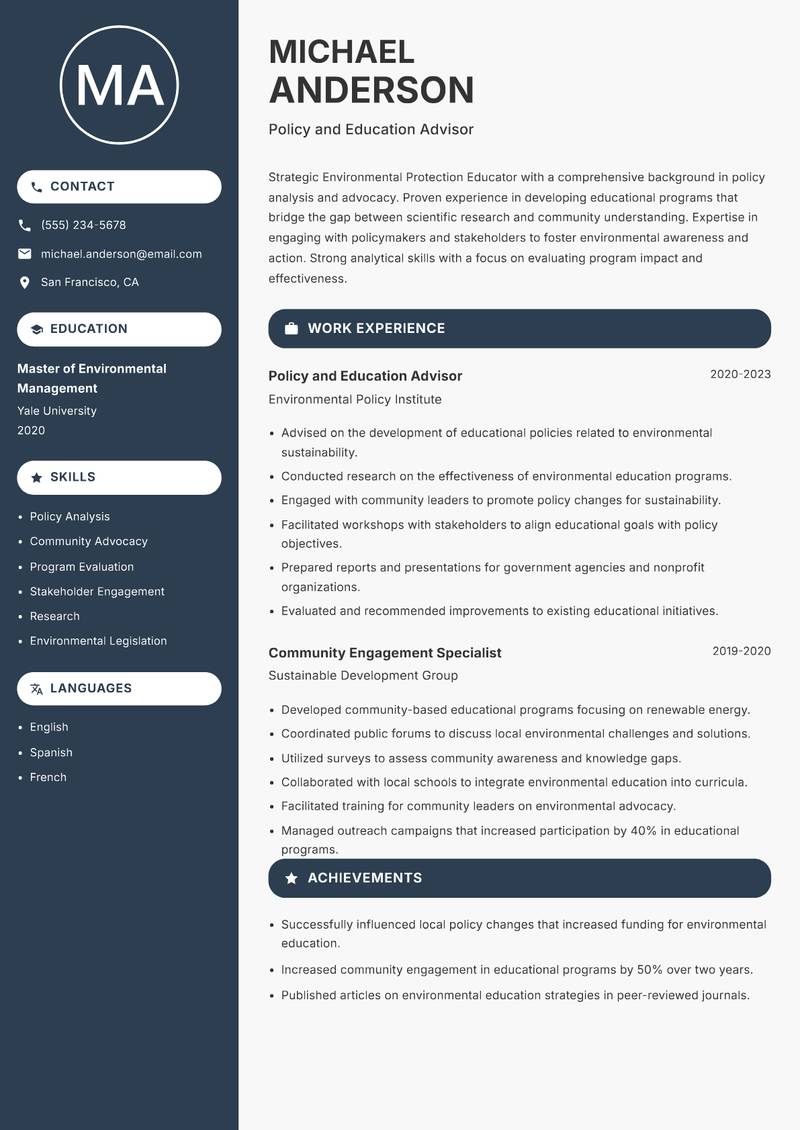 Environmental Protection Educator Resume Preview Example