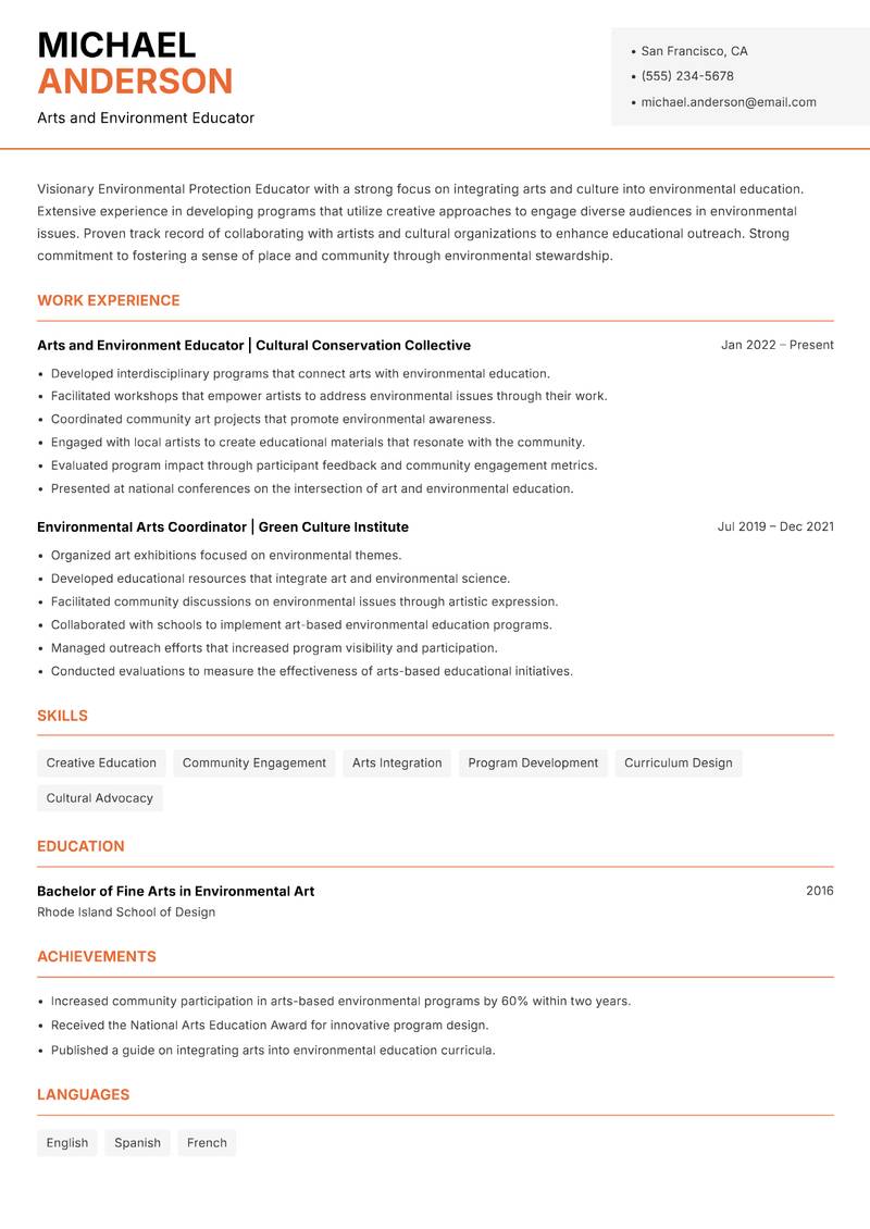 Environmental Protection Educator Resume Template