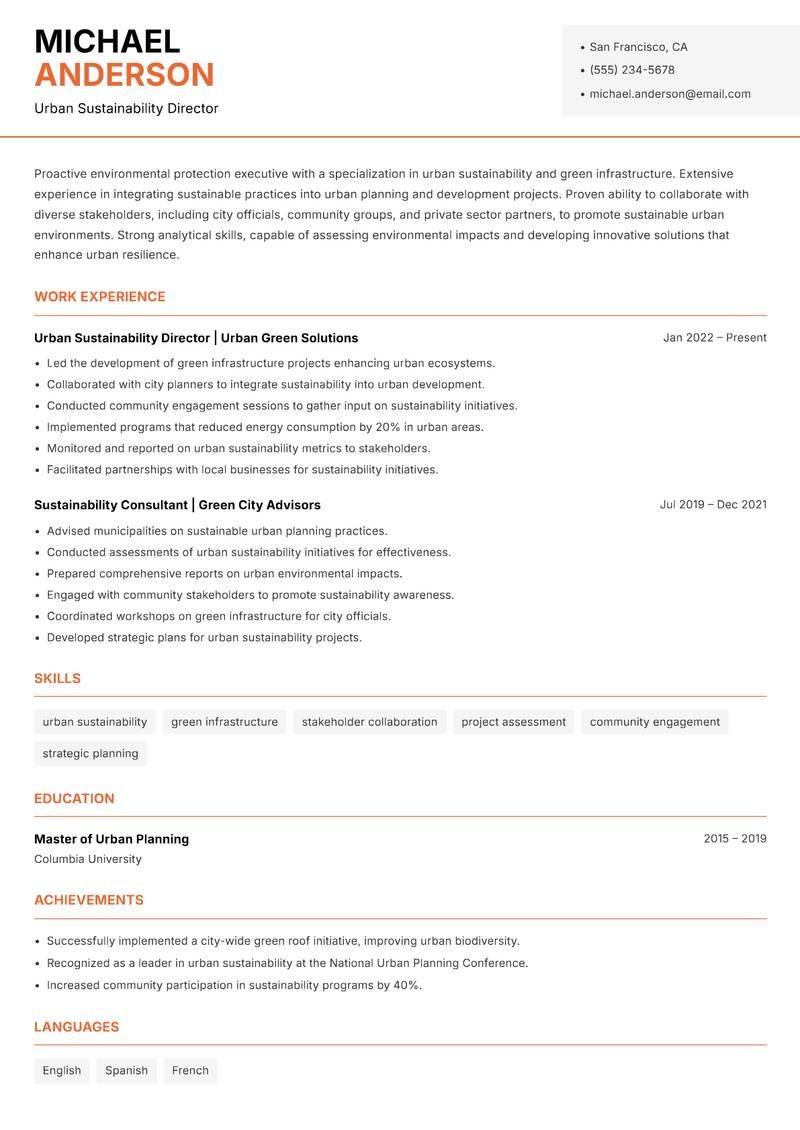 Environmental Protection Executive Resume Template