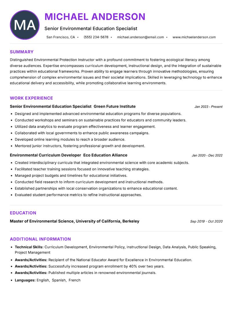Environmental Protection Instructor Resume Preview Example