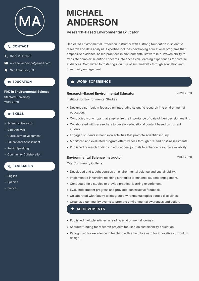 Environmental Protection Instructor Resume Preview Example
