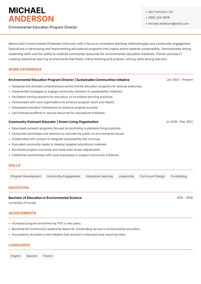 Environmental Protection Instructor Resume Template