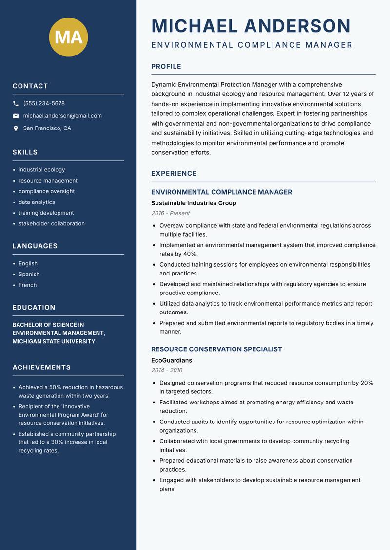 Environmental Protection Manager Resume Preview Example
