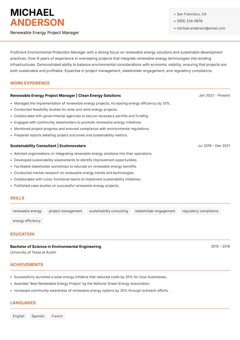 Environmental Protection Manager Resume Template