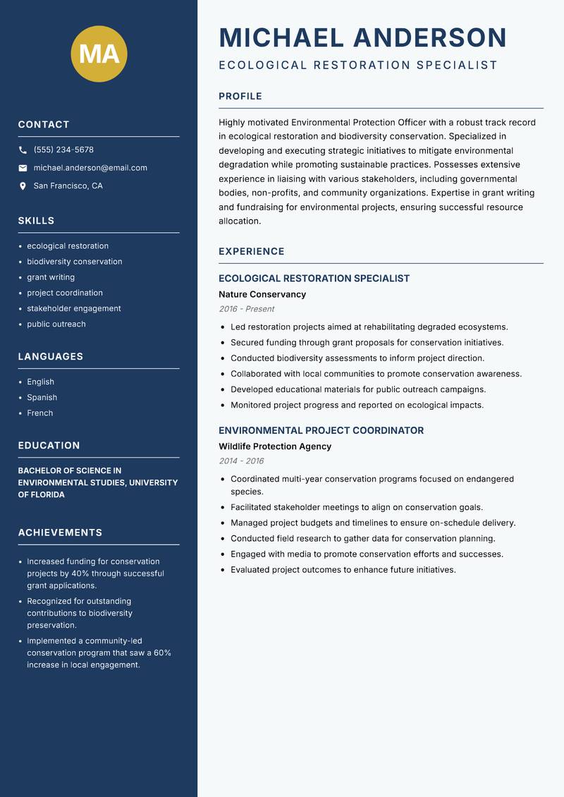 Environmental Protection Officer Resume Preview Example