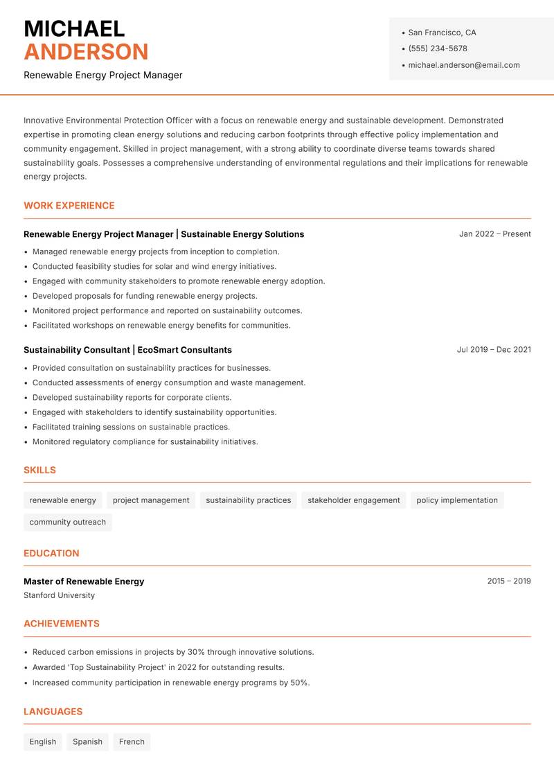 Environmental Protection Officer Resume Template