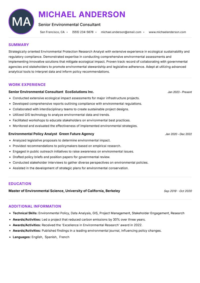 Environmental Protection Research Analyst Resume Preview Example