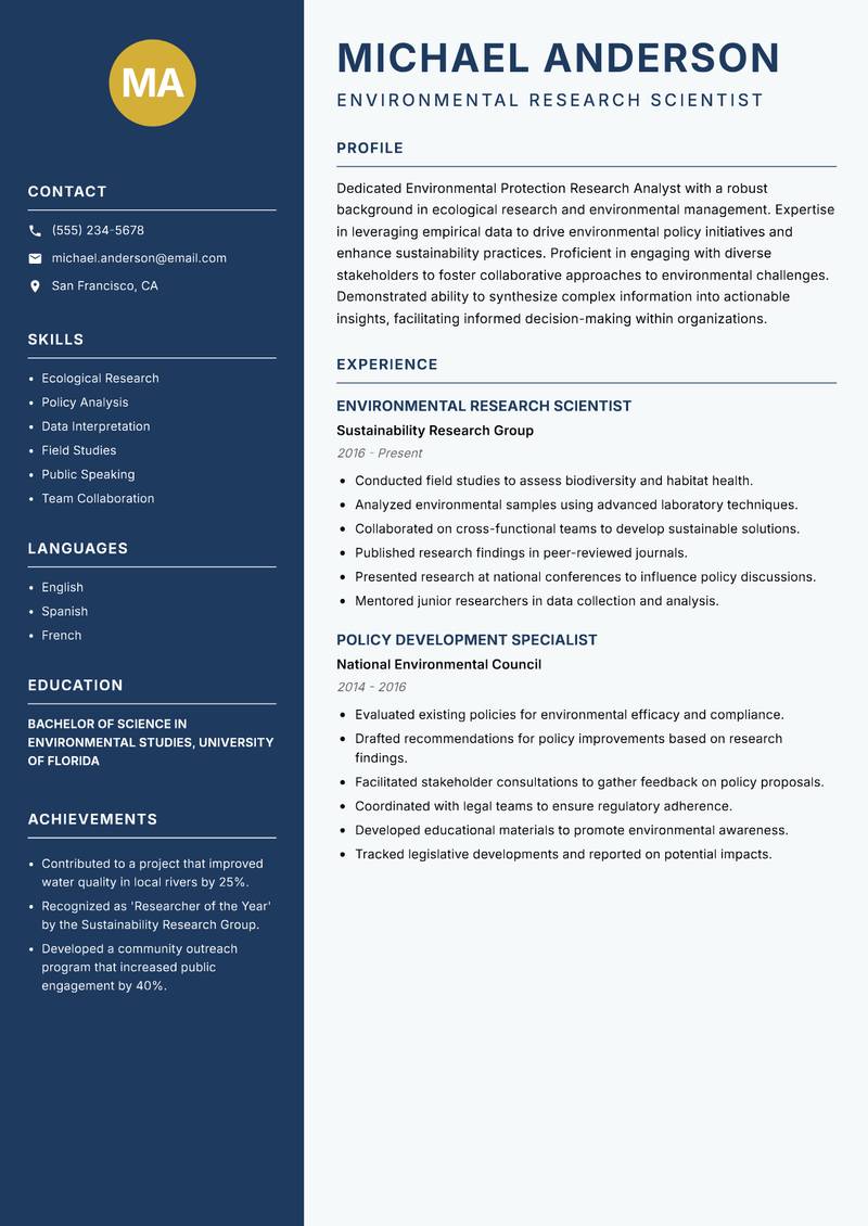 Environmental Protection Research Analyst Resume Preview Example