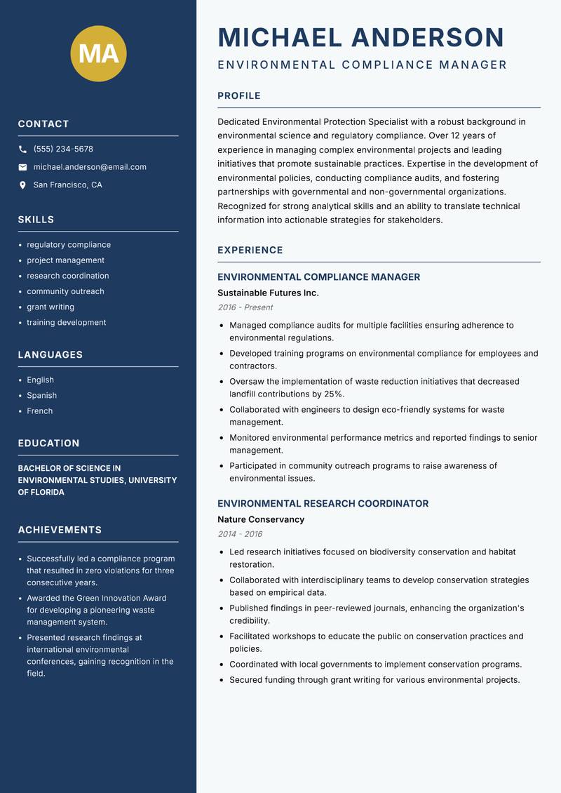 Environmental Protection Specialist Resume Preview Example