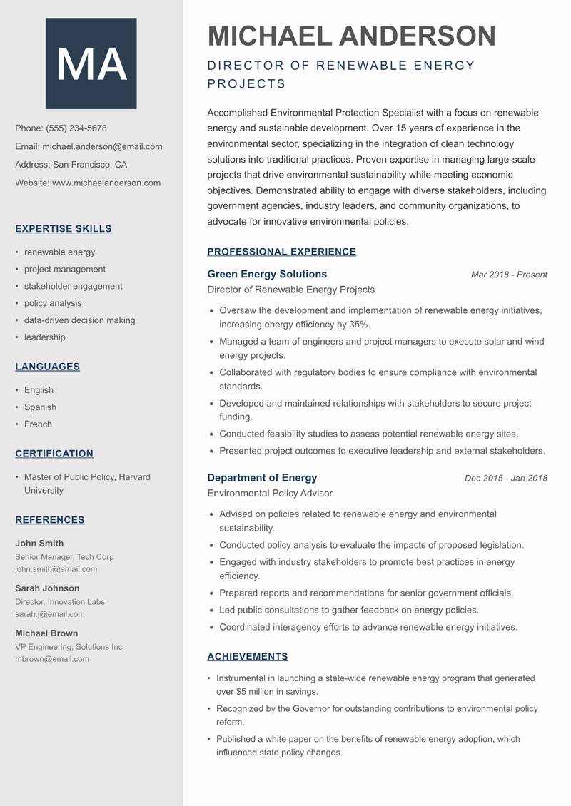 Environmental Protection Specialist Resume Preview Example