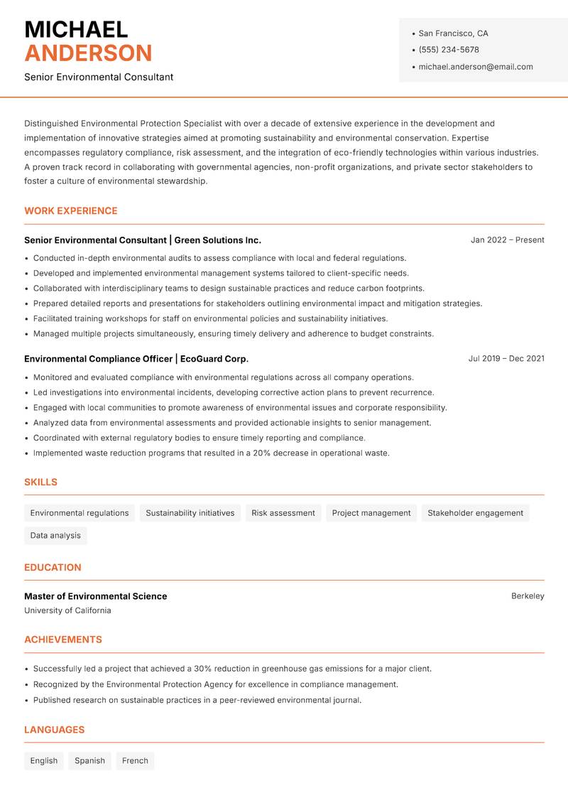 Environmental Protection Specialist Resume Template